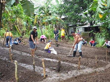 Village volunteers with and without disability clearing the plot of land for the micro-gardening project