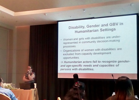 Presentor discussing 'Disability, Gender and Gender-Based Violence (GBV) in Humanitarian Settings'