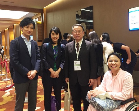 Photo with Ms. Eriko Uchiyama (Disability and Child Welfare Team, The Nippon Foundation) and Mr. Toru Aoki (Domestic Program Development Team Social Innovation Program Division) at the Sands Expo and Convention Centre conference room
