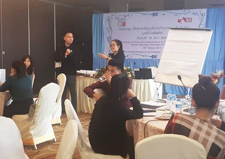 AAM and APCD representative Mr. Tran Van Ninh gives a presentation on the Autism Mapping project and the importance of close cooperation between government agencies and Lao PDR's Association for Autism (AfA) in the policy implementation for persons with autism