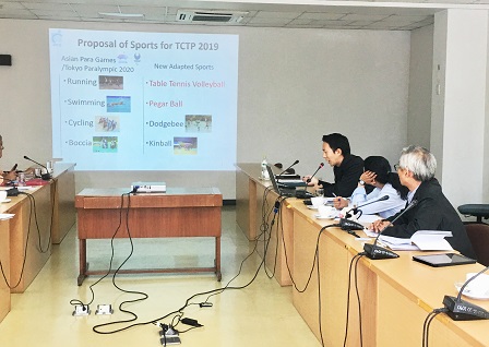 Mr. Akio Ogura (Japan Overseas Cooperation Volunteer) explains the proposed sports activities for TCTP 2019, which includes swimming, running, cycling, Dodgebee, Kinball, among others