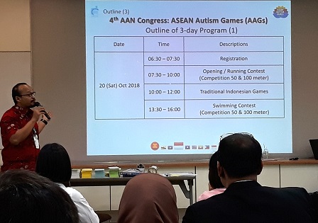 Mr. Taufiq Hidayat of Autism Foundation of Indonesia discusses the program of the 4th AAN Congress and ASEAN Autism Games in Indonesia in October 2018