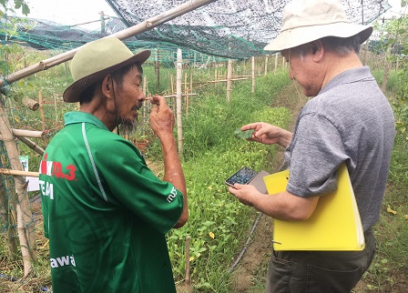 Bamboo expert from Japan Mr. Koji Koga with Mr. Nguyen Huu Loi, one of the farmers who are testing bamboo fertilizers in his farm